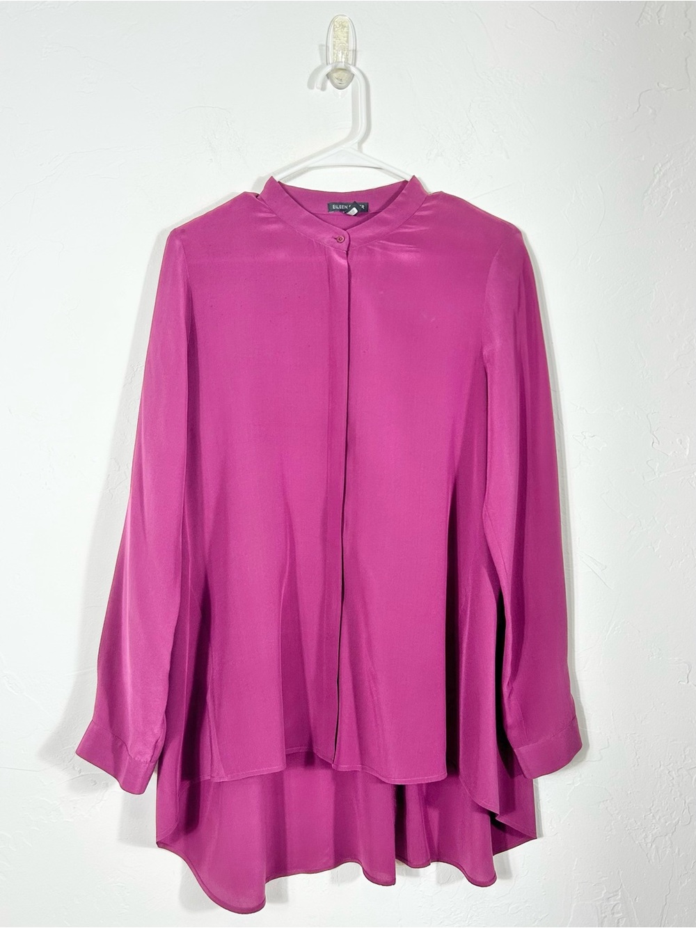 Eileen Fisher Magenta Pink Silk Mandarin Collar Hidden Button High-Low‎ Blouse